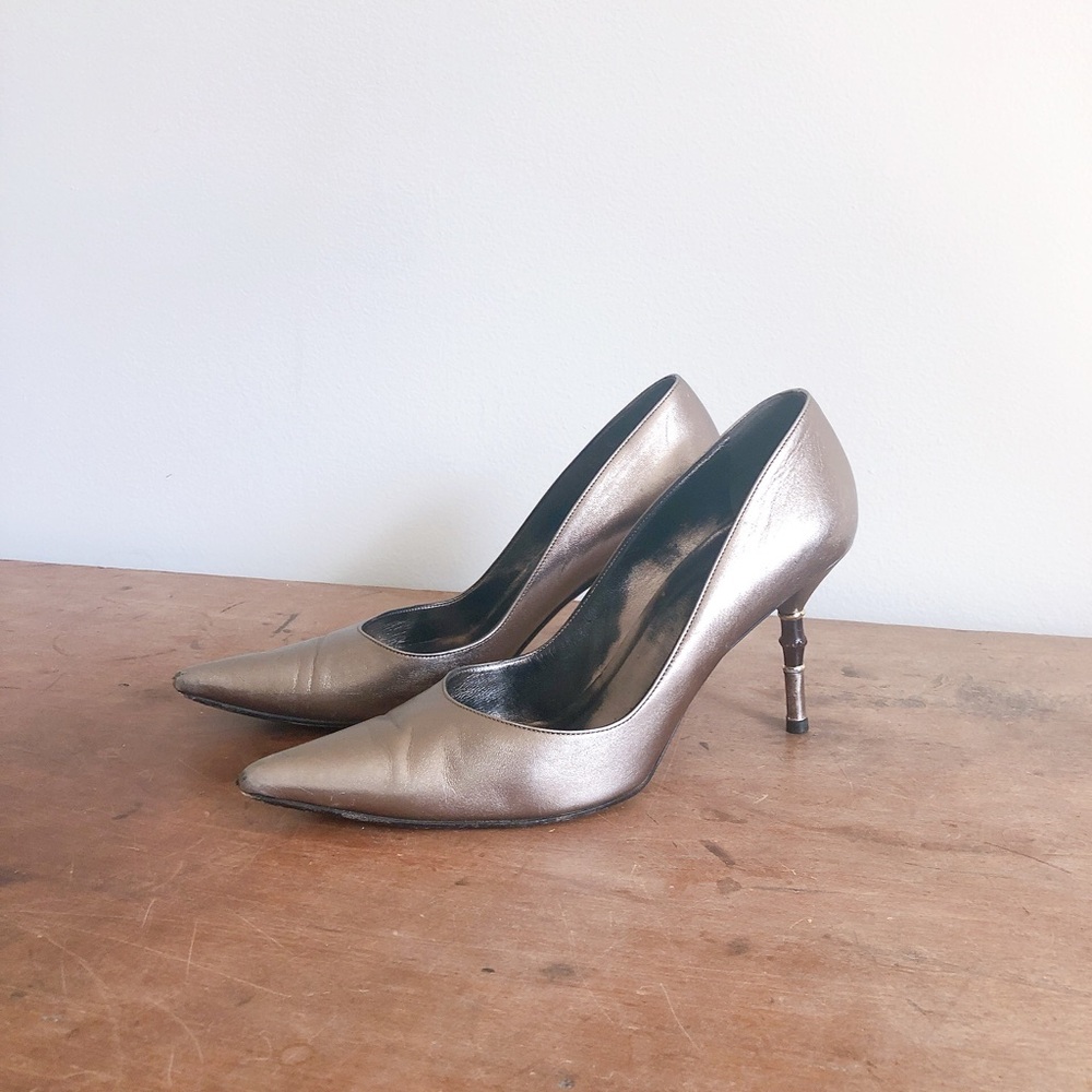 Gucci Malibu Bamboo Accent Bronze Metallic Heels- As-is